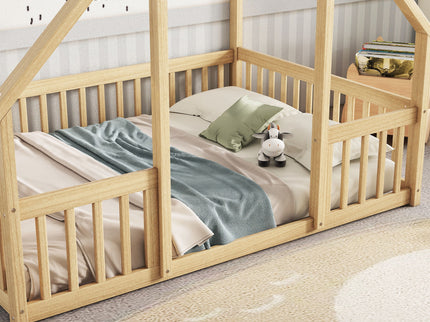 Wood House-Shaped Floor Bed With Fence, Guardrails