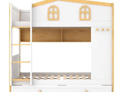 Full Over Full Bunk Bed With Storage Shelves And Trundle - White / Natural