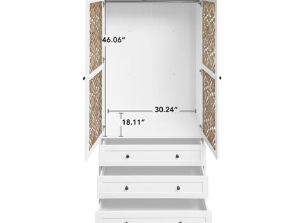 Hollow Pattern 2 Door 3 Drawer Wardrobe, The Collision Of Wood Color, Suitable For Bedrooms And Dressing Rooms - White