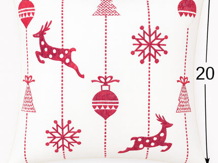 Christmas Throw Pillow With Embroidered Reindeer And Snowflakes - White