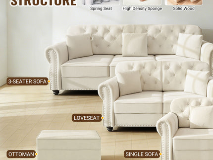 Upholstered Sofa Set With Nailhead Trim And Rolled Armrests, Includes Pillows