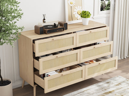 Rattan 6 Drawers Chest Of Dressers For Bedroom, Modern 6 Drawer Dresser, Wide Chest Of Drawers With Wood Handles, Rattan Dresser Storage Cabinet For Living Room, Bedroom, Hallway - Natural Wood / Oak
