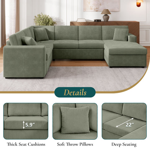 Oversized Sectional U-Shaped Sofa With Chaise Lounge And Three Soft Throw Pillows