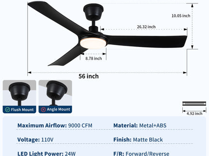 All Weather Outdoor Waterproof Ceiling Fan With Light And Quiet Motor For Patio Porch - Black