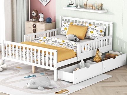 Platform Bed With Guardrails On Both Sides And 2 Storage Drawers