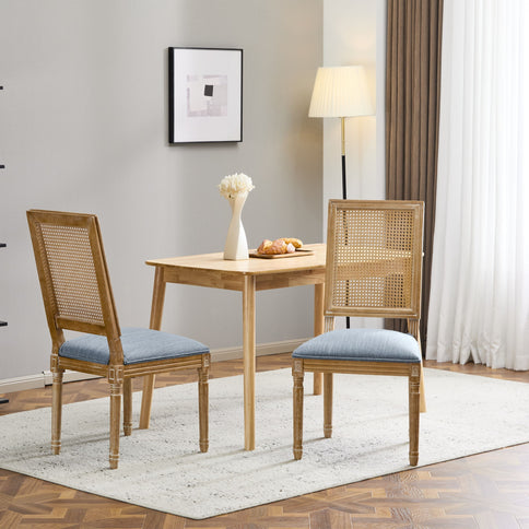 French Country Dining Chair With Rectangular Cane Backrest And Smooth Upholstered Seating
