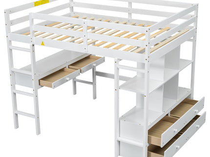 Full Size Loft Bed With Built In Desk, 2 Drawers, Storage Shelves - White