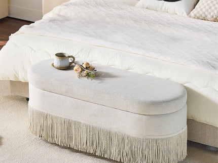 Oval Upholstered Storage Ottoman With Fringe Trim & Lift Top Lid