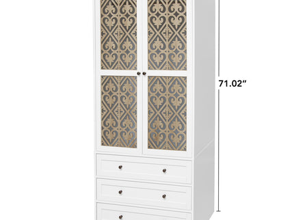 Hollow Pattern 2 Door 3 Drawer Wardrobe, The Collision Of Wood Color, Suitable For Bedrooms And Dressing Rooms - White