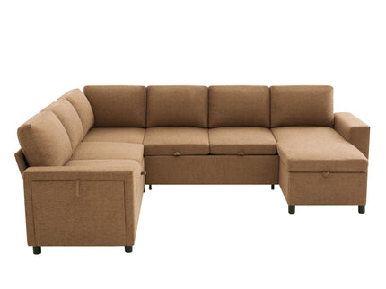 U - Shaped Convertible Sectional Sofa Bed With Storage, USB Charger & Cup Holders