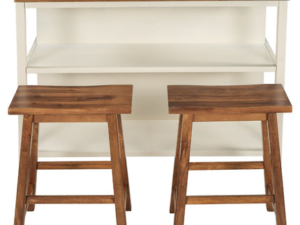 Rustic 3 Piece Stationary Kitchen Island Set With 2 Seatings, With 2 Open Shelves