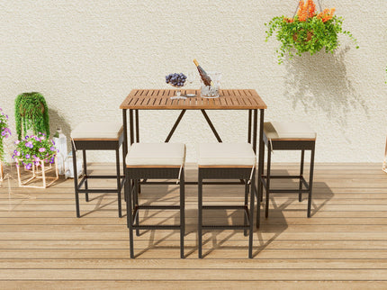 Outdoor Acacia Wood Bar Height Table And Eight Stools With Cushions