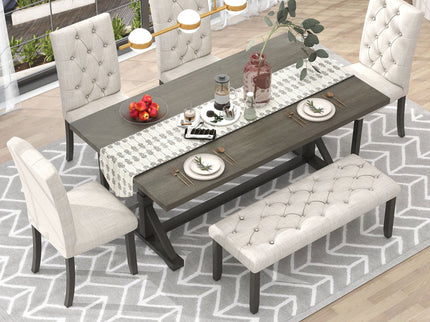 6 Piece Dining Table Set With Rectangular Wood Table, 4 Upholstered Chairs, Bench