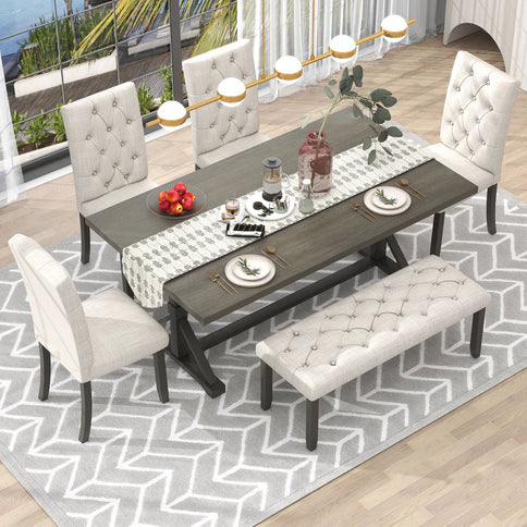 6 Piece Dining Table Set With Rectangular Wood Table, 4 Upholstered Chairs, Bench