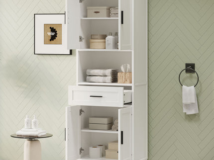 Freestanding Tall Bathroom Cabinet With Soft Close Doors And Adjustable Shelves
