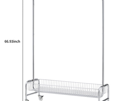 Heavy Duty Iron Garment Rack With Basket On Wheels - Silver