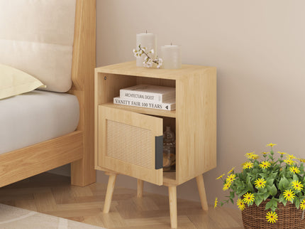 Nightstand, Side Table With Door And Open Shelf For Bedroom - Oak