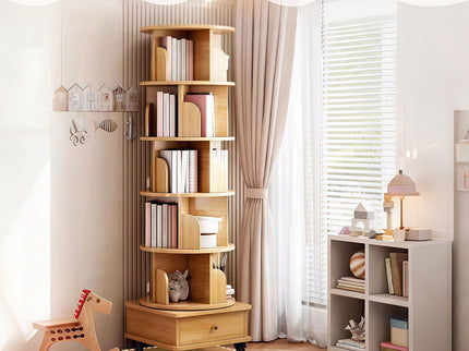 6 Tier Rotating Bookshelf With Wheels And Drawer, 360° Spinning Design, Space Saving Storage, For Home - Wood