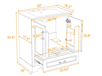 Bathroom Vanity With Sink, 1 Divided Drawer And 2 Soft Close Doors With Double Shelf