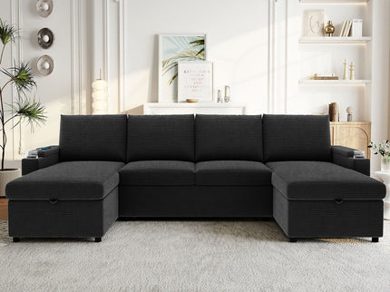 U Shaped Sectional Sofa Bed With Storage Chaise Lounges, USB Ports, And Cup Holders