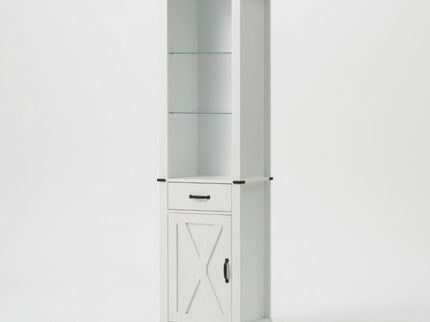 Pantry Cabinet With LED Lights And Barn Door With Tempered Glass Shelves - White