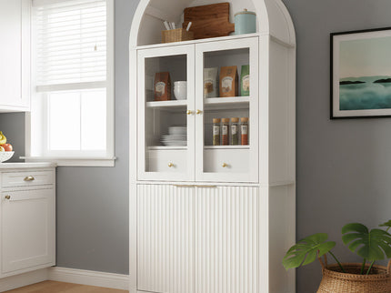 Fluted Tall Arched Pantry Cabinet With Adjustable Shelves, Glass Door & Hidden Drawer For Kitchen