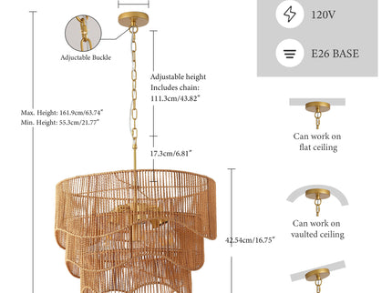 Chandelier With 7 Light E26 Base, Adjustable Height Wave Pendant Light For Living Room - Gold