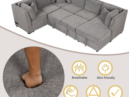 U-Shaped Sectional Sofa Pull Out Sofa Bed With Two USB Ports, Two Power Sockets, Three Back Pillows And A Storage Chaise For Living Room