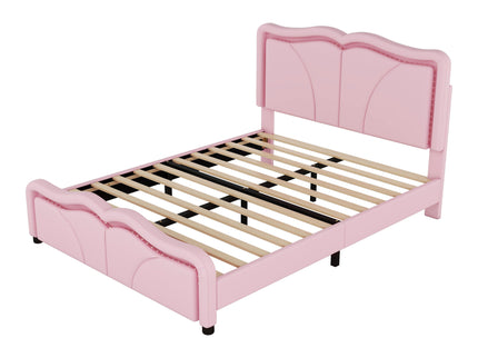 Upholstered Platform Bed & Curve Shaped And Height Adjustable Headboard, LED Light Strips