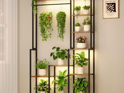 Large Plant Stand Indoor With Grow Light, Tall Plant Shelf, 8 Tiered Heavy Duty Metal Plant Stand, Square Flower Stand Display Rack For Living Room - Walnut / Black