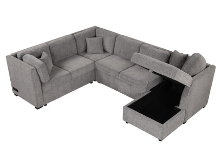 U-Shaped Sectional Sofa Pull Out Sofa Bed With Two USB Ports, Two Power Sockets, Three Back Pillows And A Storage Chaise For Living Room