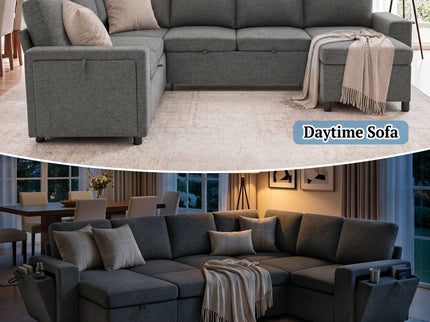 U - Shaped Convertible Sectional Sofa Bed With Storage, USB Charger & Cup Holders