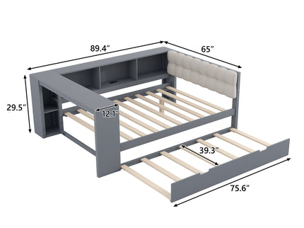 Upholstered Headboard Platform Bed With Storage Shelves, Trundle, Charging Station