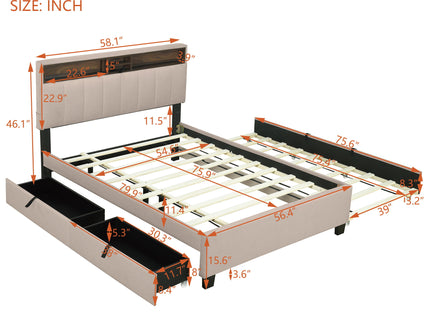 Upholstered Platform Bed With Storage Headboard, Trundle & 2 Drawers And A Set Of Sockets & USB Ports