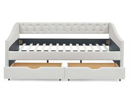 Upholstered Tufted Daybed With Drawers, Waved Arms