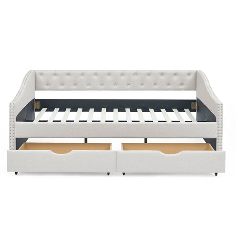 Upholstered Tufted Daybed With Drawers, Waved Arms