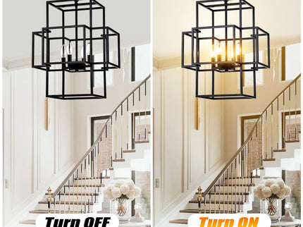 4 Light Metal Lantern Tiered Pendant Hanging Light Fixtures, Industrial Farmhouse Adjustable Height Chandeliers For Dining Room Hallway Foyer Entryway (E12 Bulbs Not Included)