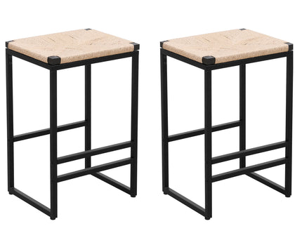 Boho Style Backless Bar Stools (Set of 2) With Paper Rope Woven Seat & Metal Frame For Kitchen Counter