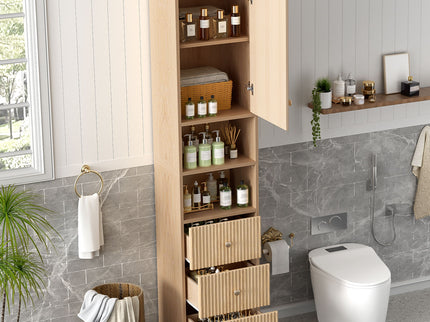 Tall Bathroom Cabinet With 1 Door, 3 Drawers, Open Storage - Wood