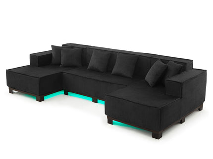 U-Shaped Sectional Sofa With RGB LED Light Strip And 6 Pillows