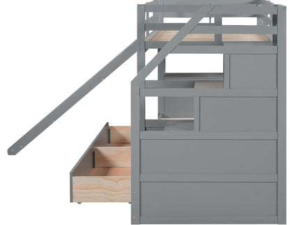 Bunk Bed With Storage Staircase, Slide, Desk, Drawers, And Shelves