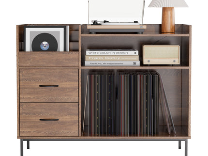 Eco-Friendly Vinyl Record Player Stand With Flip-Top Storage, Media Console With Dual Outlets And Dustproof Drawers