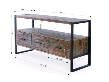 Reclaimed Wood Media TV Console Table With 3 Drarwer, Open Shelf - Antique Gray