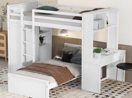 Loft Bed With A Stand Alone Bed, Shelves, Desk, And Wardrobe