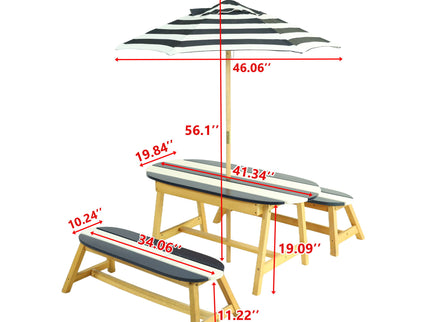 Naturally Playful Kids Picnic Table With Umbrella, Indoor / Outdoor Fun - Blue / White Stripes