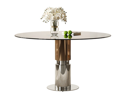 Round Dining Table & Tempered Glass Top - Brown