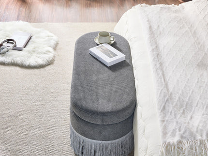 Oval Upholstered Storage Ottoman With Fringe Trim & Lift Top Lid