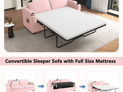 Sleeper Sofa Loveseat Sofa With Full Size Mattress, 2 USB Ports, 2 Cup Holders, 2 Side Pockets And Phone Holder