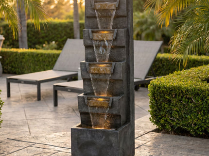 4 Tier Cascading Waterfall Fountain With Warm LED Lights, For Patio - Gray