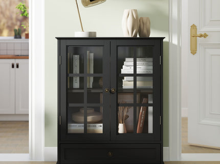 Minimalist Buffet Cabinet With Double Glass Doors And Drawer